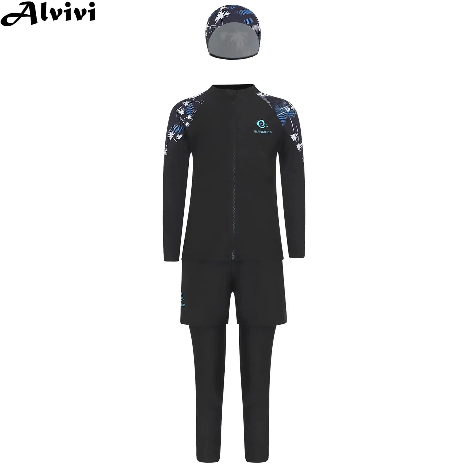 어린이 소년 수영복 세트, UPF 50 + 서핑 래시가드 수영복, 긴팔 프린트 탑, 바지 모자 포함, 해변 수영장 파티 목욕 세트