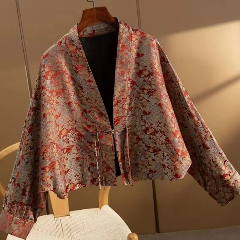 

Chinese Style Satin Short Jacket Women Autumn New Loose Jacquard Short Female Coat Fashion V-neck Coat Woman Clothing