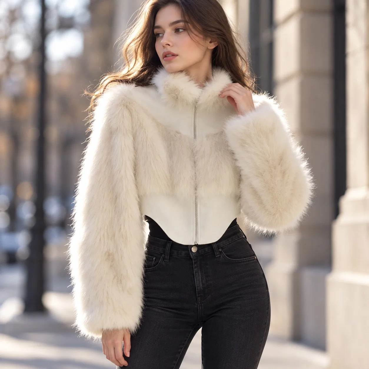No Hood Patchwork Coat Cropped British Style with Stand Collar Short Length Commuter Chic Regular Sleeve Winter Women Coat