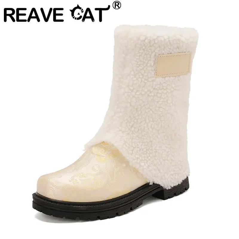 

REAVE CAT Women Mid Calf Boots Round Toe 3cm Thick Heels Slip On Non Slip Sweet Daily Warm Bota Mixed Color Large Size 46 47 48