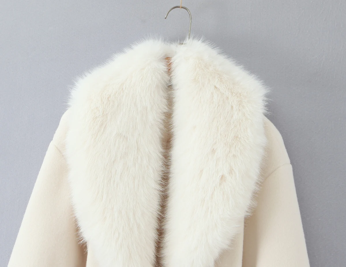 2025 CHIC Autumn Winter Ivory Shaggy Faux Fur Lapel Long Woolen Coat Women Tie Bow Sashes Long Sleeve No Button Trench Outerwear