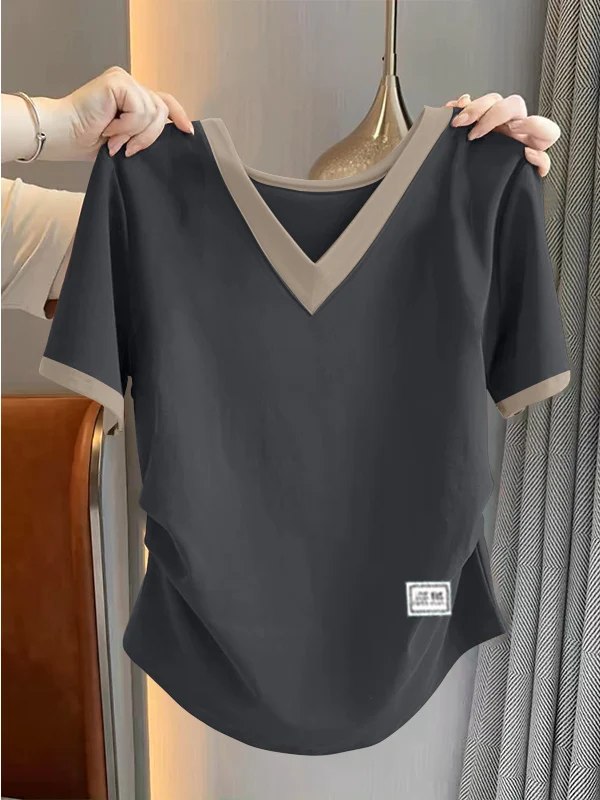 

Slimming Pure Cotton Short Sleeve T-Shirt Women's Fashion Color Block V-Neck Summer Wear 2026 New Style Versatile Korean Loos...