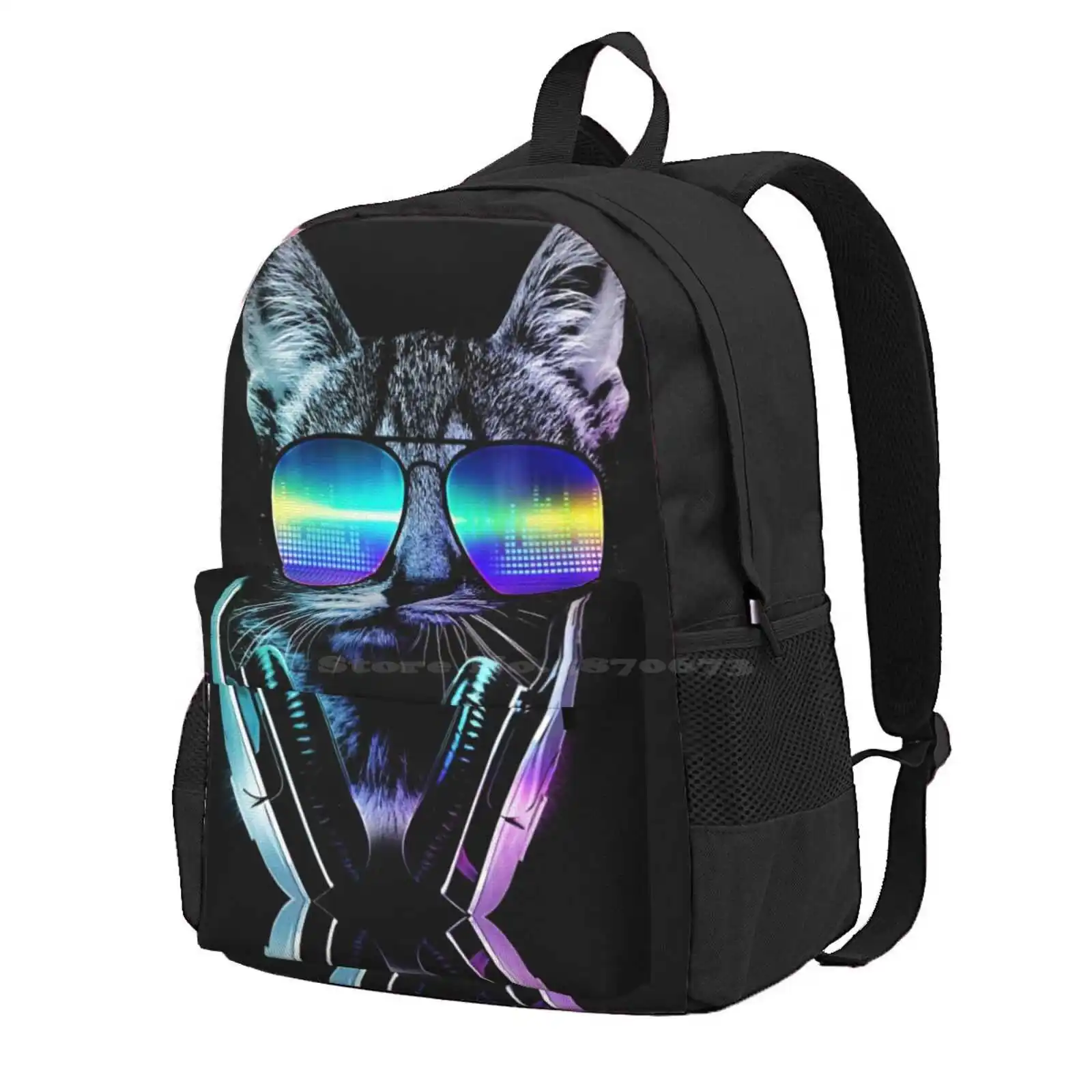 Music Lover Cat Hot Sale Schoolbag Backpack Fashion Bags Music Urban City Skyline Neon Graphics Equalizer Building Trending Pop