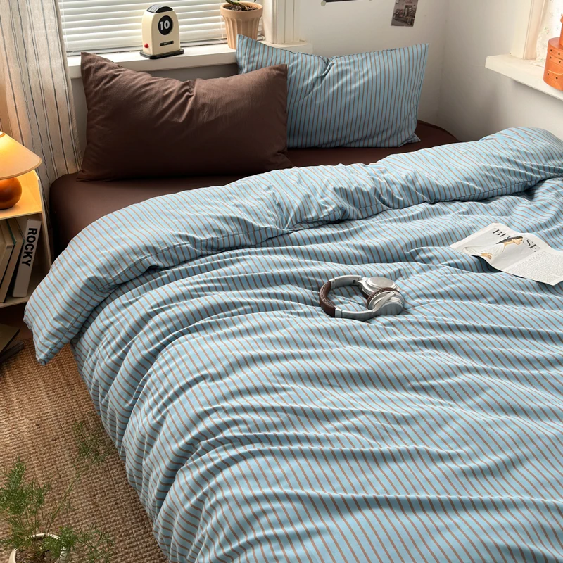 Soft Washed Cotton Bedding Set Blue Brown Stripe Duvet Cover Set With 2 Pillowcases For Daily Bedroom Decor Twin Queen No Sheet