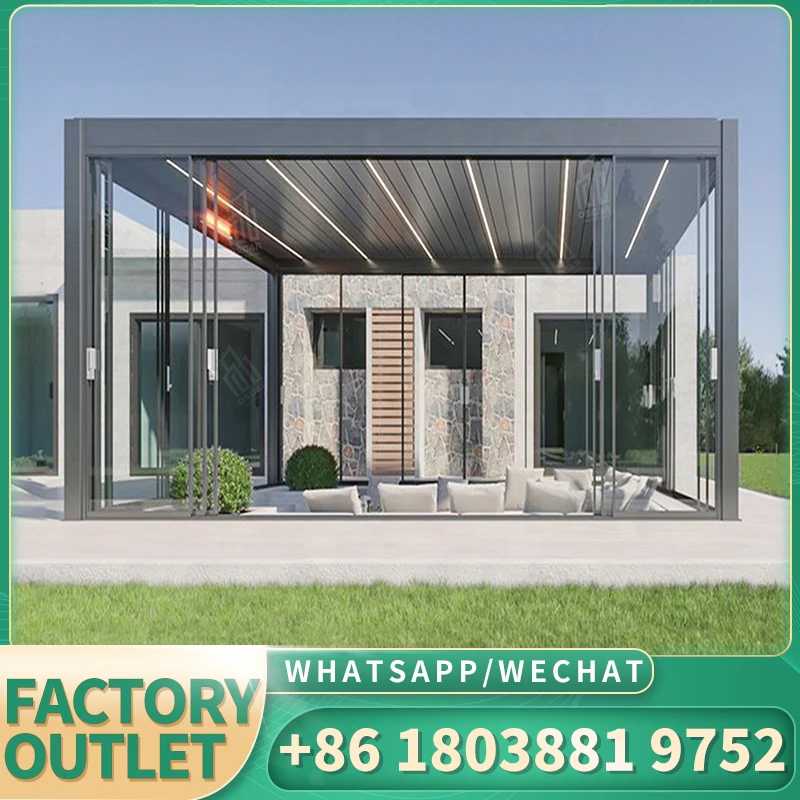 Electric modern waterproof oasis aluminum frame balcony Retractable Roof Motorized Awning Pvc folding pergola with roller blinds