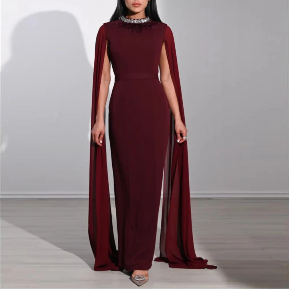 

Customized Straight Evening Dresses with Cape Sleeve Crystal Neckline Satin Wedding Party Dress Green Formal Maxi Gowns