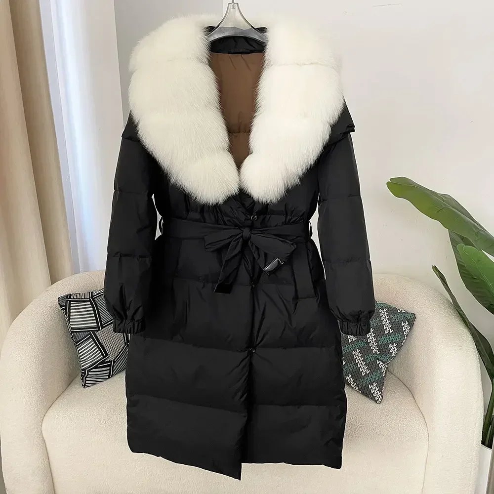 2024 Fur Jacket Winter Women Thick Warm Belt Casual Outerwear Natural Real Fox Raccoon Fur Collar White Duck Down Coat