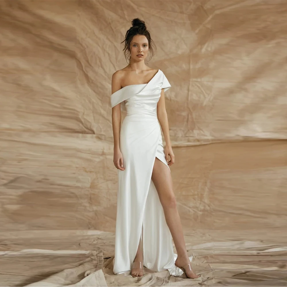 Customised Long Satin Wedding Dresses Sheath Off-the-shoulder Engagement Gown One-shoulder Side Split Pleat Bridal Gownvias
