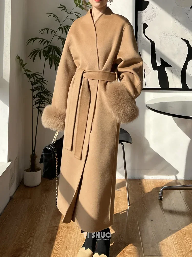 New Women V-neck Real Fox Fur Sleeves Cashmere Wool Coat Long Bathrobe Double-sided Woolen Coat Loose Lace-up Fit Autumn Winter