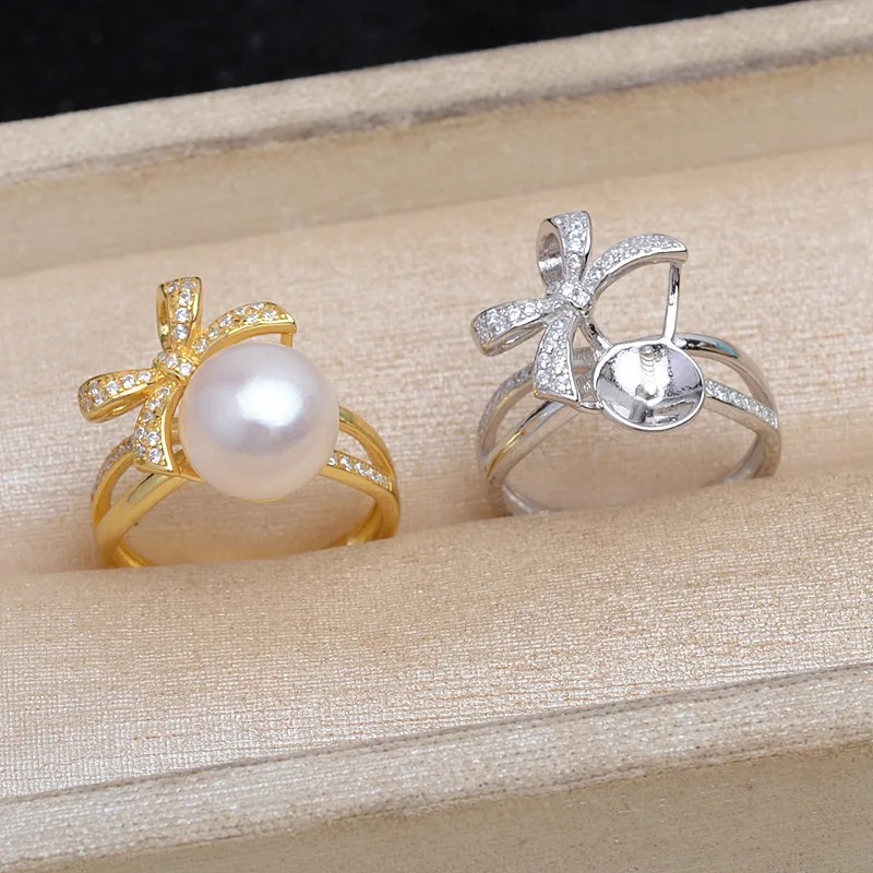 Bow Knot Shape 925 Sterling Silver Adjustable Finger Ring Mountings Base Setting Findings Jewelry Components for 10-12mm Pearls