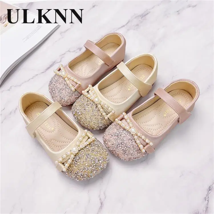 

Princess Flats Girls Beige Beads Single 2023 Children Autumn New Fund Bowknot Pearl Soft Shoes Baby Leather Shoe