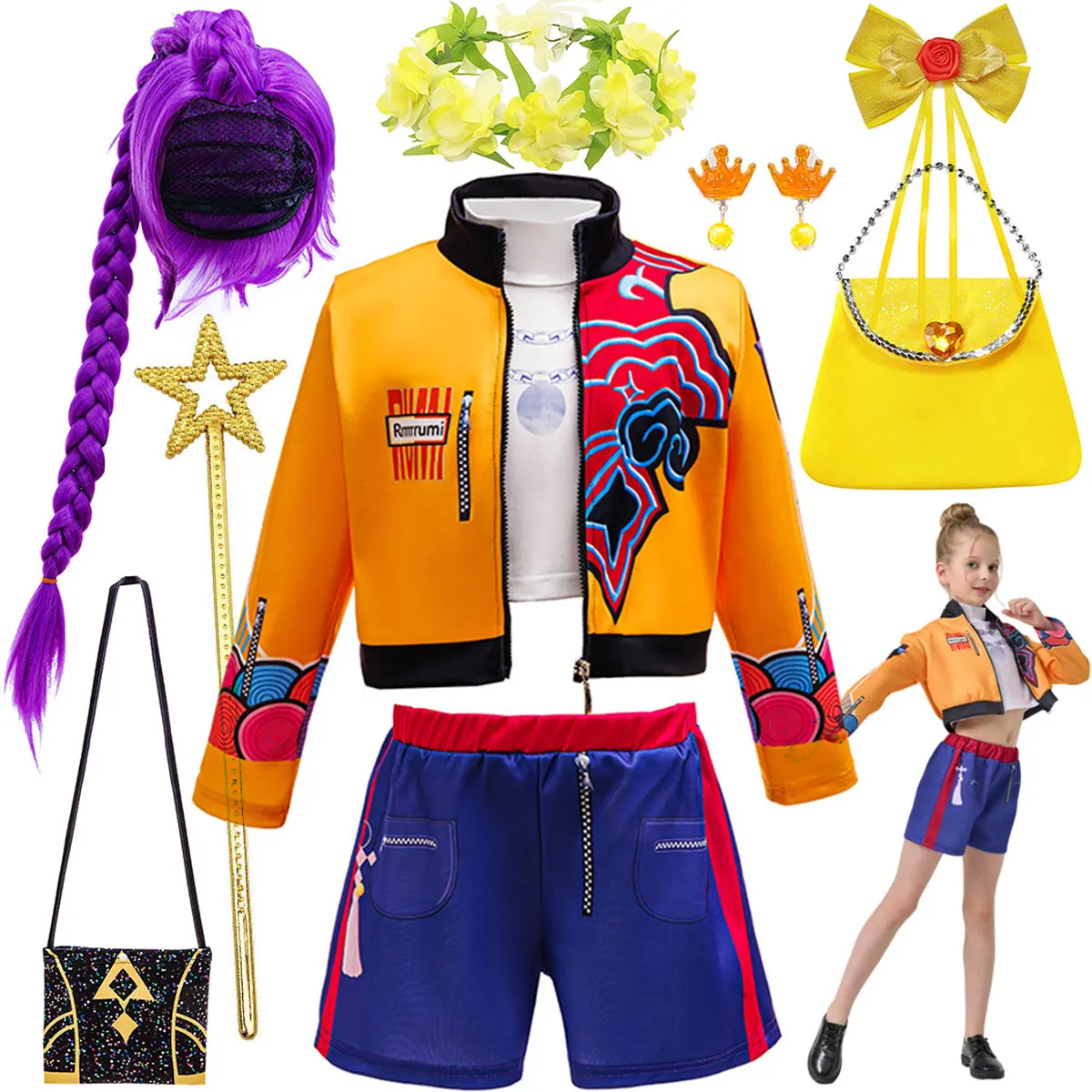 Image of Kinder-Mode-Outfit-Set für Mädchen, bedruckte Jacke, Shorts, Kostüm mit lila geflochtenen Kronen-Accessoires, Halloween-Geburtstagsparty-Kleid