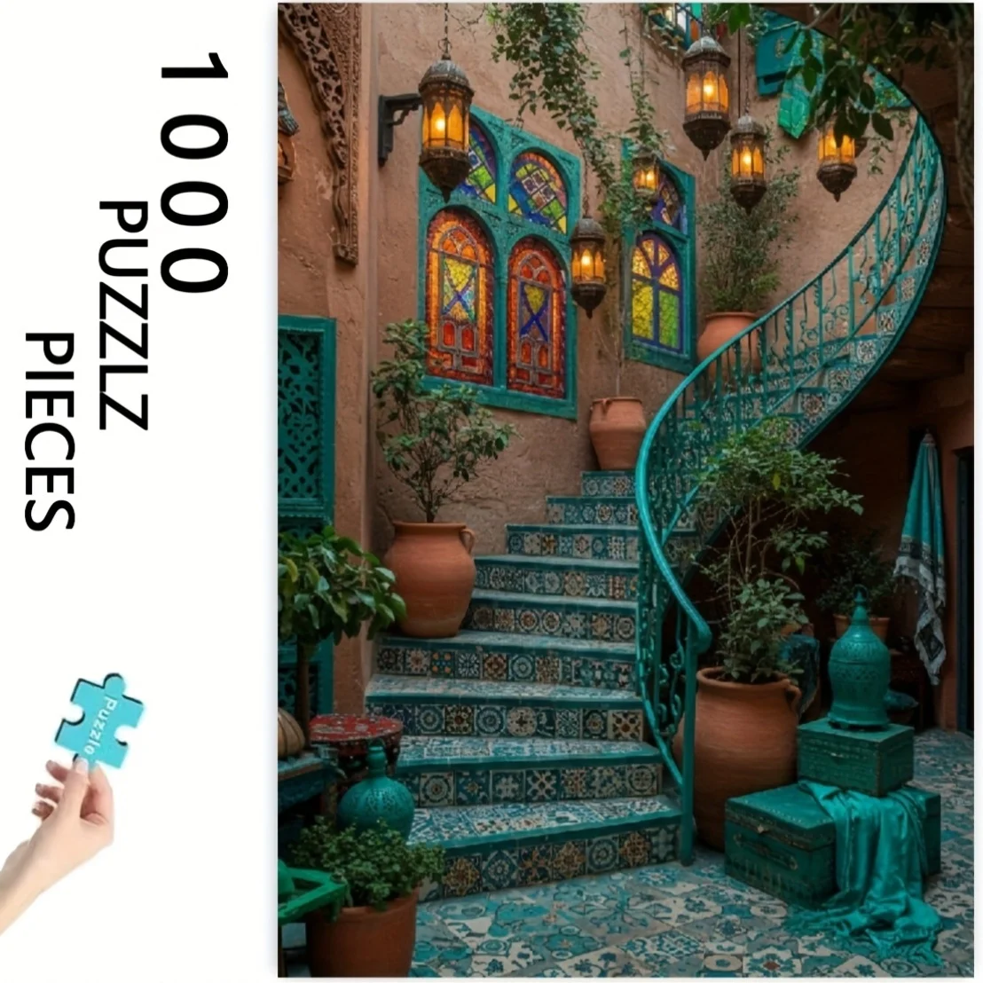 

1000 шт. Марокканская спиральная лестница-головоломка - Дизайн ближневосточной архитектуры с зелеными, синими, оранжевыми, золотистыми и коричневыми тонами -