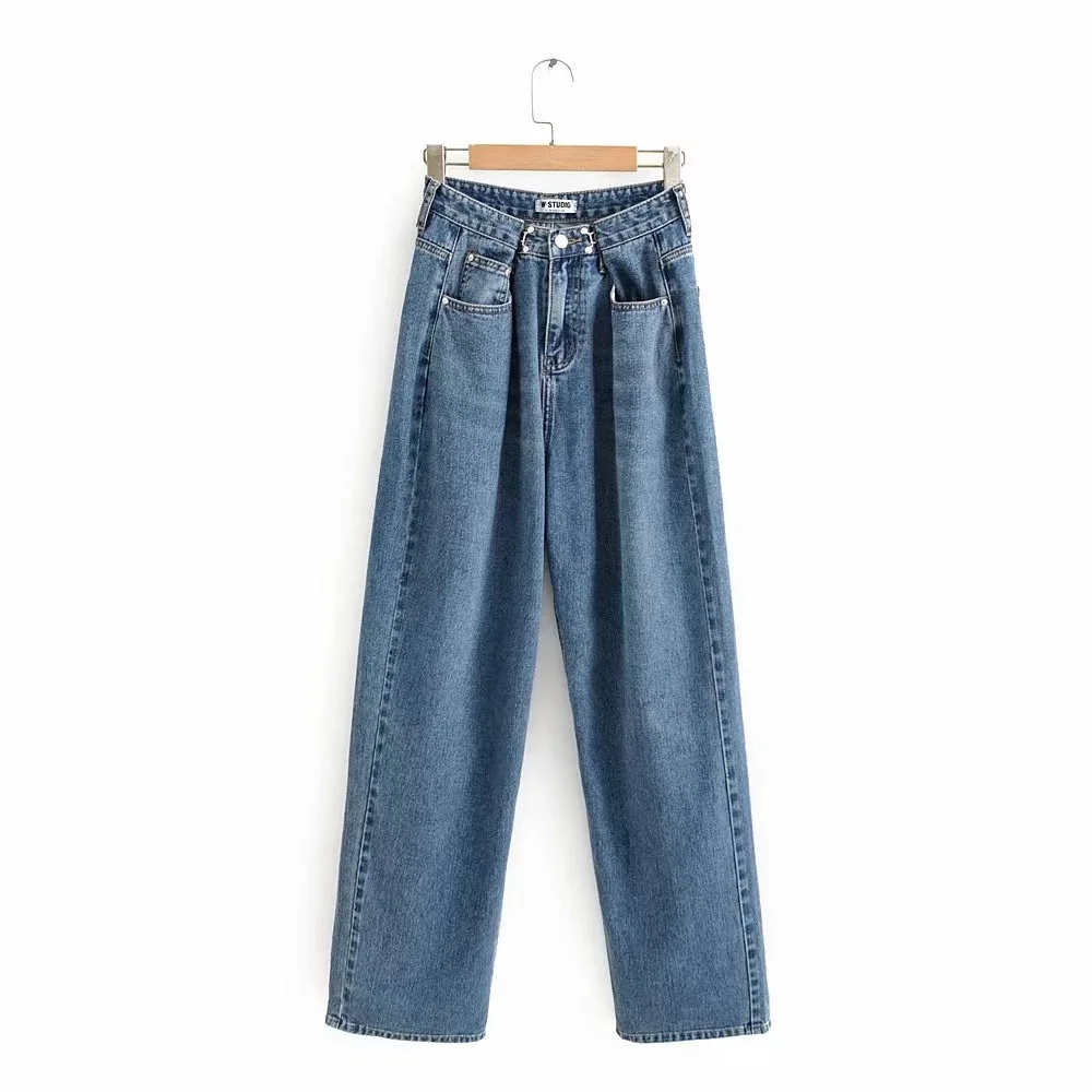 Fashion Blue Denim Trousers Wide Leg Pants Women Straight Long Pants High Waist Casual Loose Wide-leg Pants