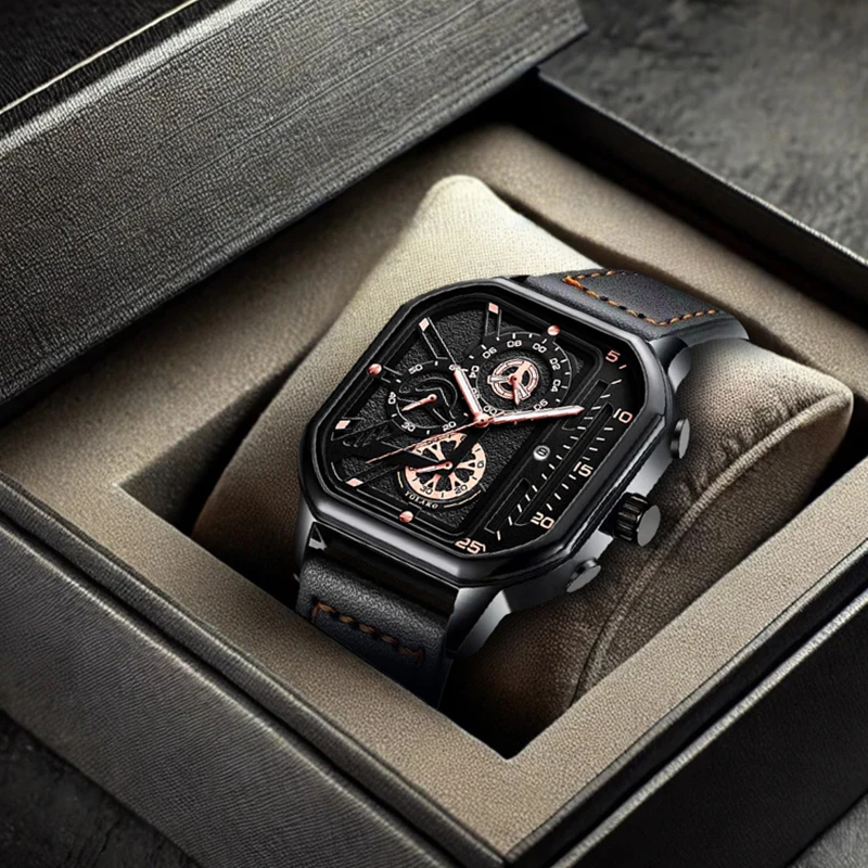A men's retro minimalist trendy three-eye cool black case black PU leather quartz watch, perfect as a holiday gift