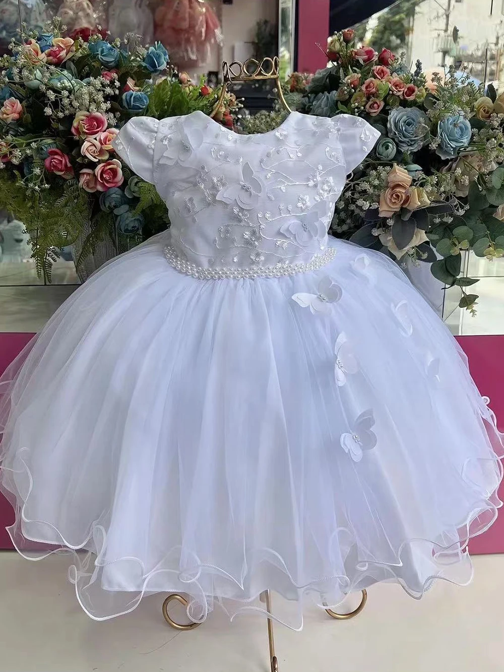 3D Butterfly Applique Tulle Puffy Flower Girl Dress For Weddong With Bow Lovely First Communion Ball Gowns Kids Birthday Dress