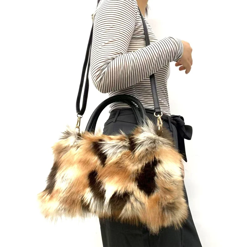 Faux Fur Tote Bag Women Fluffy Handbags Large Plush Tote Warm Soft Crossbody Bags Winter Color Blocking Shopper Purses