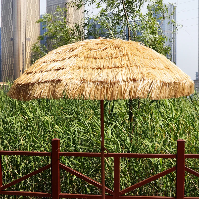 180X200CM Outdoor Simulated Thatch Umbrella Heavy Duty Patio Garden Pool Beach Sunshades UV Protect Backyard Parasol with Base