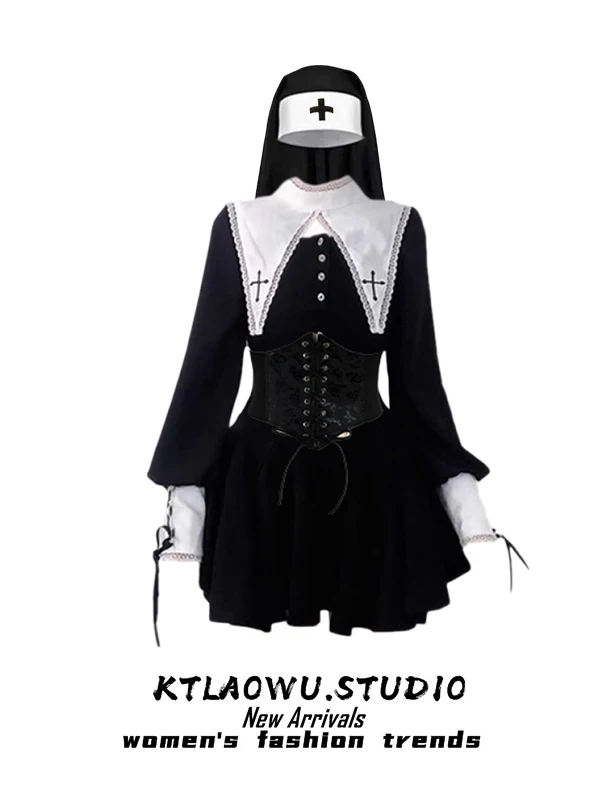 

Готический костюм на Хэллоуин: комплект из двух предметов с эффектом двухслойности, юбка А-силуэта с высокой талией, головной убор в стиле монахини, серия Dr k