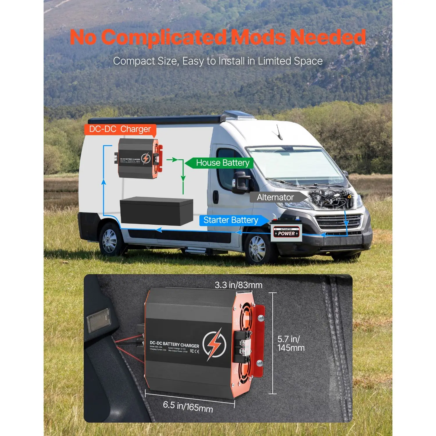 12V 30A DC to DC Battery Charger, 375W, On-Board Battery Charger for Lead-Acid, Lithium, AGM, GEL, and Flooded Batteries, Smart
