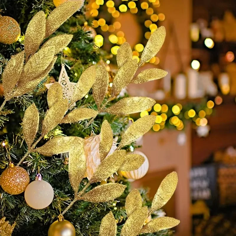 30/1Pcs Artificial Glitter Leaf  Gold Glittered Spray Fake Floral Leaf Branches Xmas Decor Christmas Tree DIY Wreath Gift Garden