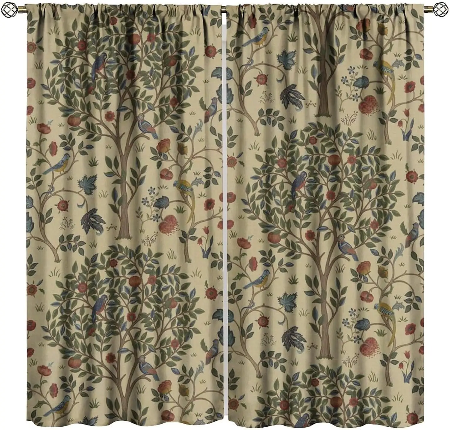 Vintage William Morris Forest Blackout Window Curtains, Rustic Boho Bird Plant Window Drapes, for Living Room Bedroom 21(W)*45(L