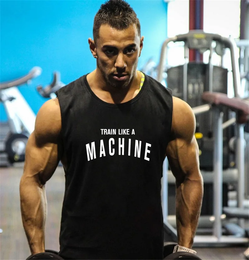 Running Vests Men Cotton Gym Tank Tops TRAIN LIKE A MACHINE Fitness Clothing Workout Singlets O-Neck Sports Sleeveless Shirt