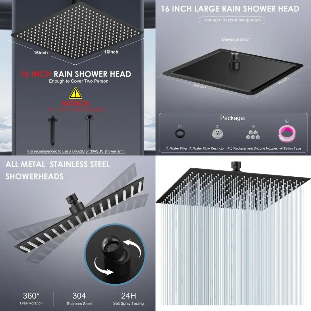 

16 Ceiling-Mounted Full Body 304 Stainless Steel Rain Shower Head with 324 Silicone Nozzles