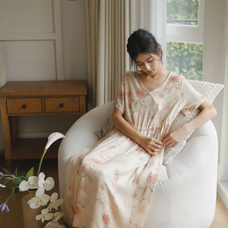 Women Summer Short Sleeves Cotton Printing Nightdress Rayon Satin V-Neck Mid-Calf Nightgowns Loose Design Sleepwear Nightie New