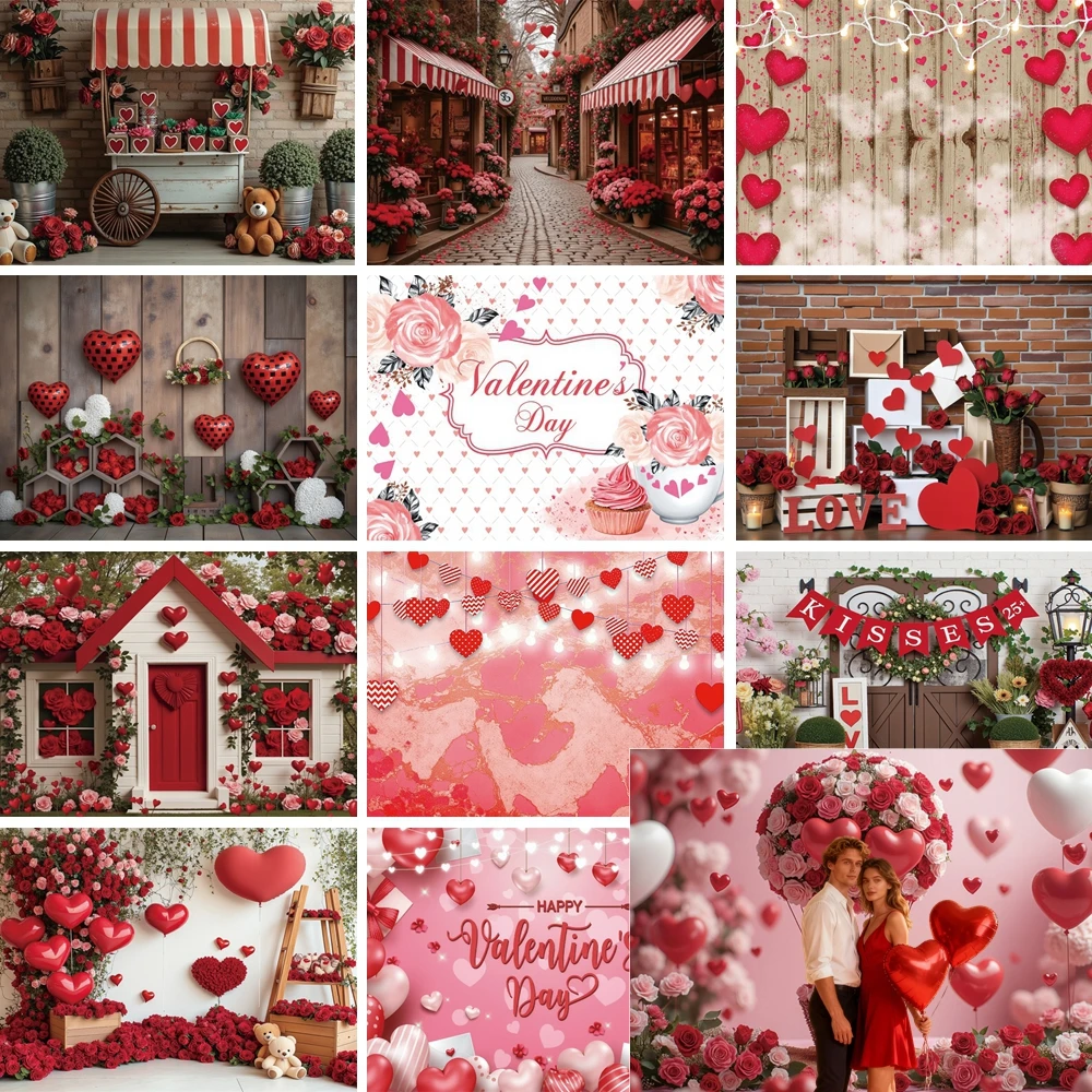 

MOON.QG Valentine's Day Cozy February 14 Backdrop Flower Heart Bunting Hot Air Balloon Background Lover Accessories Portrait