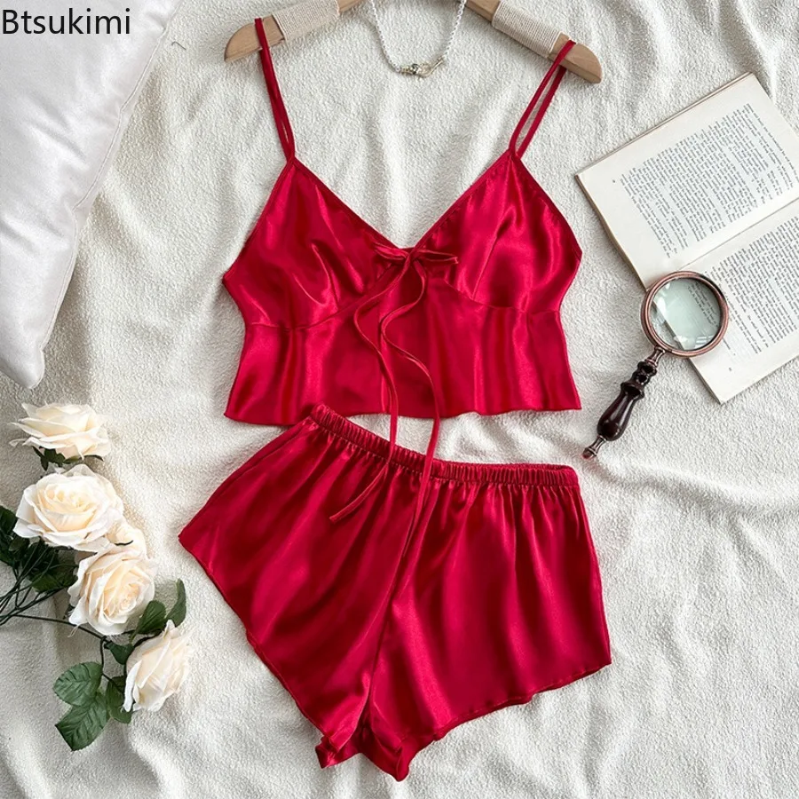 

Women's Red Ice Silk Pijamas Sexy Lingerie Summer Night Wear Mini Strap Top Shorts Solid Color Home Clothing 2Pcs Pyjamas Suit