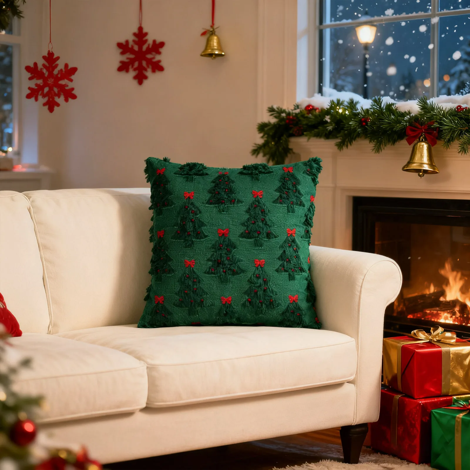 

45*45cm Christmas Throw Pillow Cover Creative Christmas Tree Bow Embroidery Pattern Cushion Cover Home Sofa Bed Porch Decor
