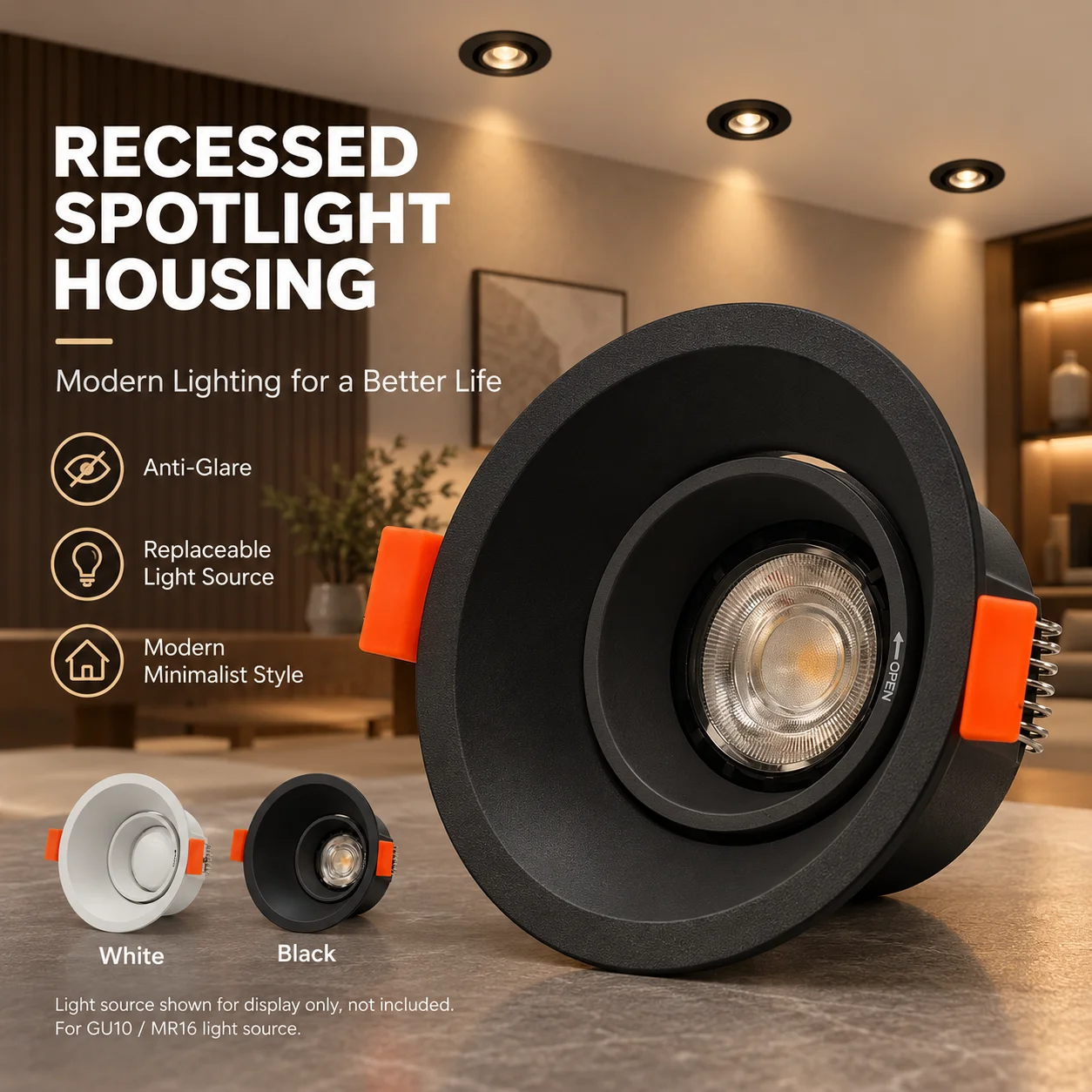 Aluminium Alloy Recessed Downlight Frame 85mm Cutout Round Anti-Glare GU10 MR16 Ceiling Spotlight Holder