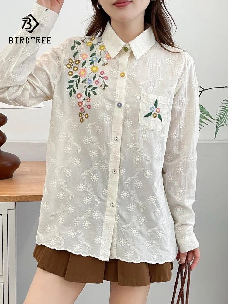 

New 2025 Autumn Cotton Long Sleeve Shirt, Women Turn-down Collar Embroidery, Mori Girl French Prairie Chic Loose Blouse T58521CC