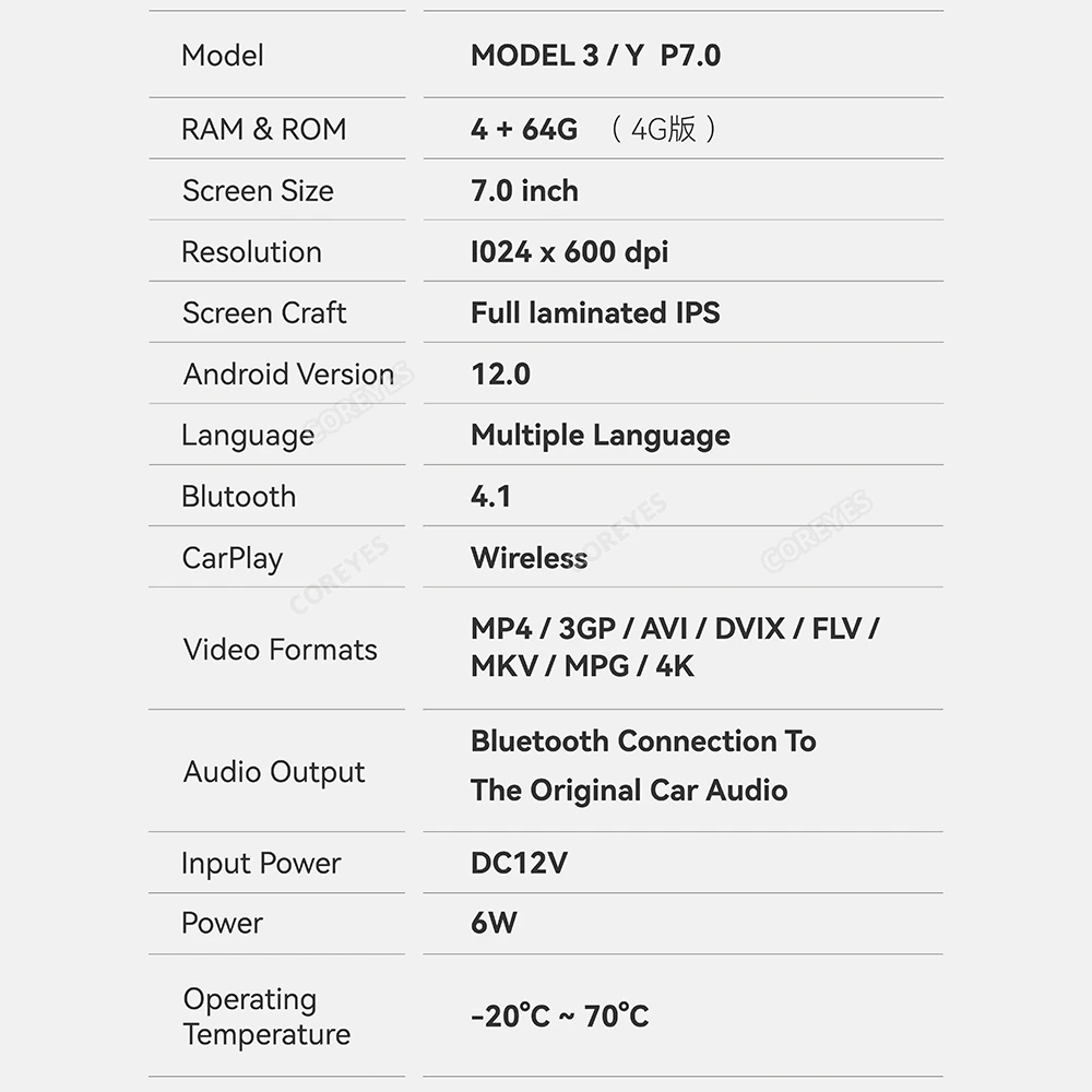 COREYES 7Inch 4+64G Android12 For Teslal Model 3 / Y Carplay Rear Display Pane Air Conditioner Control 1024*600 4G Wifi Screen