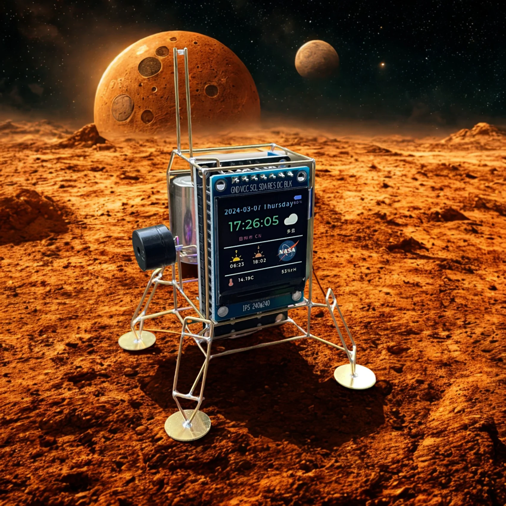 ของตกแต่งโต๊ะทำงาน DIY ของขวัญตกแต่งโต๊ะทำงาน นาฬิกาตั้งโต๊ะ WIFI รูปทรงยานลงจอดบนดาวมาร์ส ทำมือ