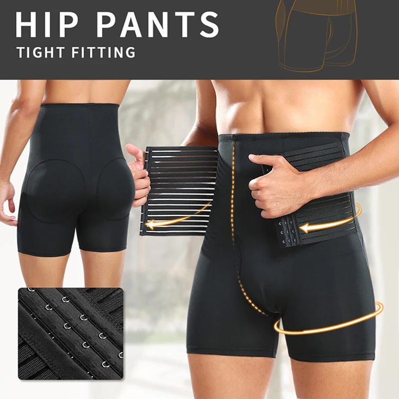 Tummy Control Hip Enhancer Compression Shorts for Men Sexy Buttock Shaping Underwear with Pads Hi-Waist Trainer Boxer Boyshorts