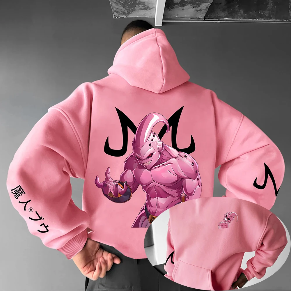 

Dragon Ball Majin Buu Hoodie Men Anime Cosplay Streetwear with Japanese Kanji Print and M Logo Design Long Sleeve Sweatshirt