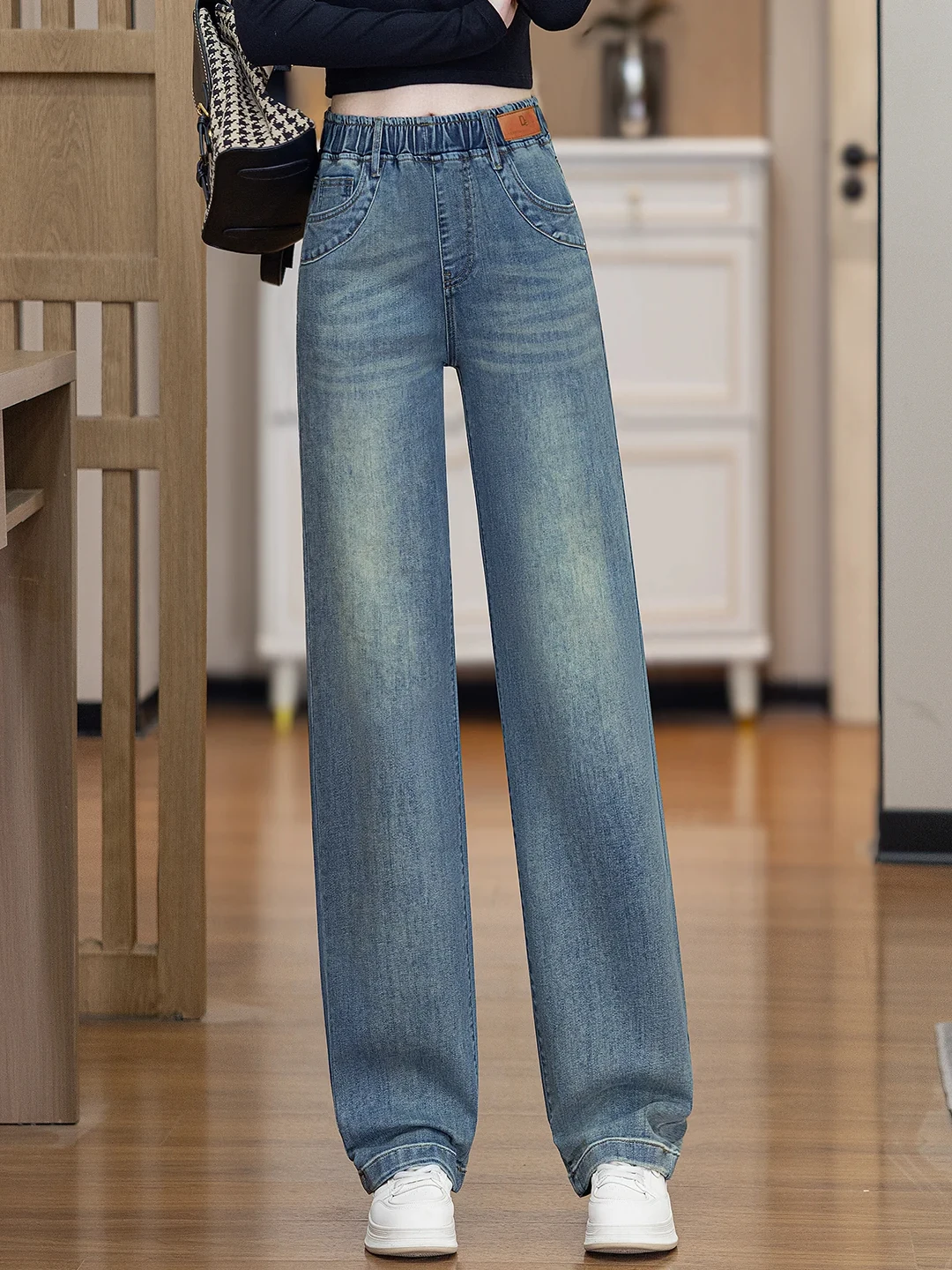 High Waist plus Size Elastic Waist Denim Jeans Women's Loose Straight Leg Pants Autumn Winter Fashion Casual Blue Color