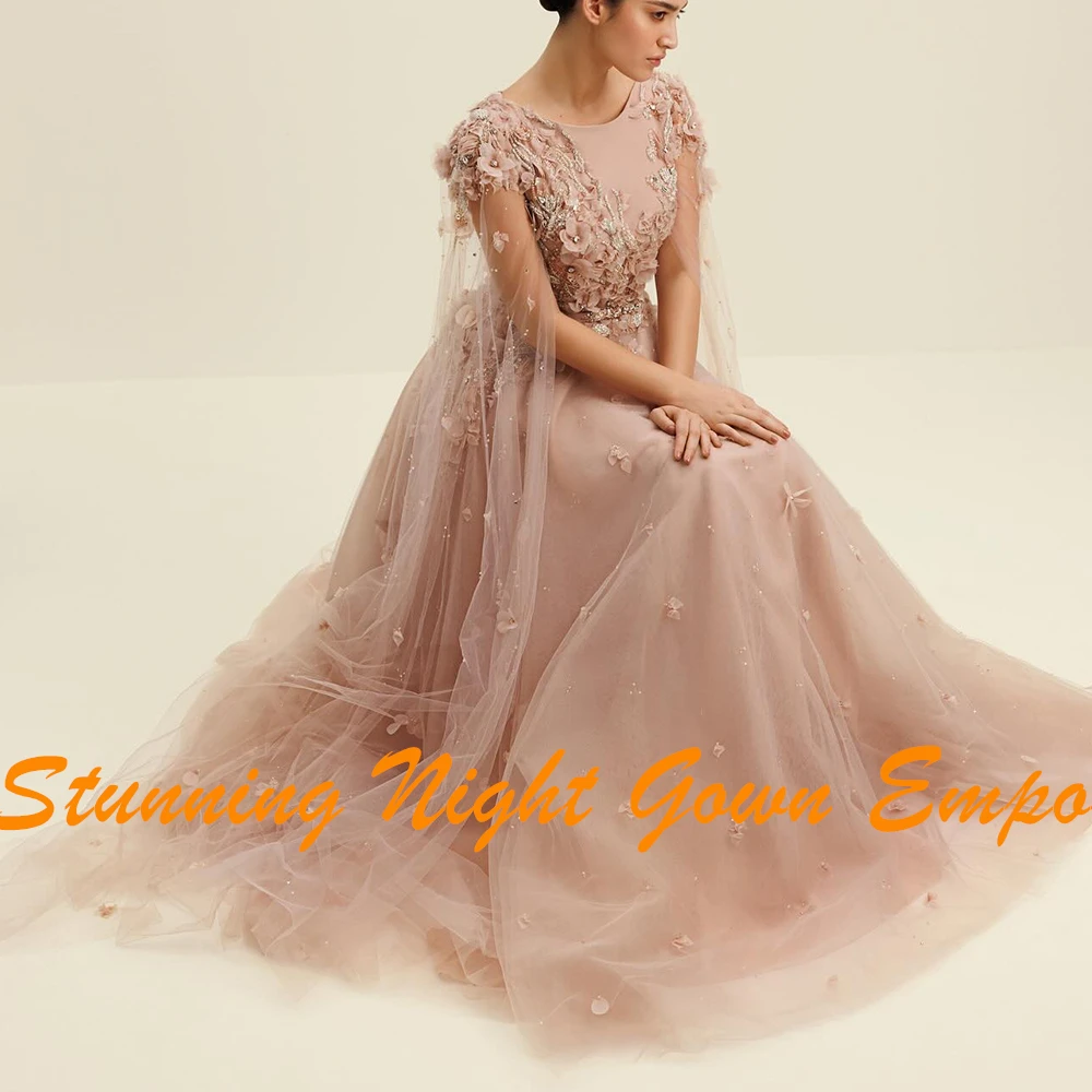 Customized Exquisite Watteau Train Pleats Belt Flowers Crystal Evening Dress Graceful Crew Neck A-Line Organza Pink Party Gown