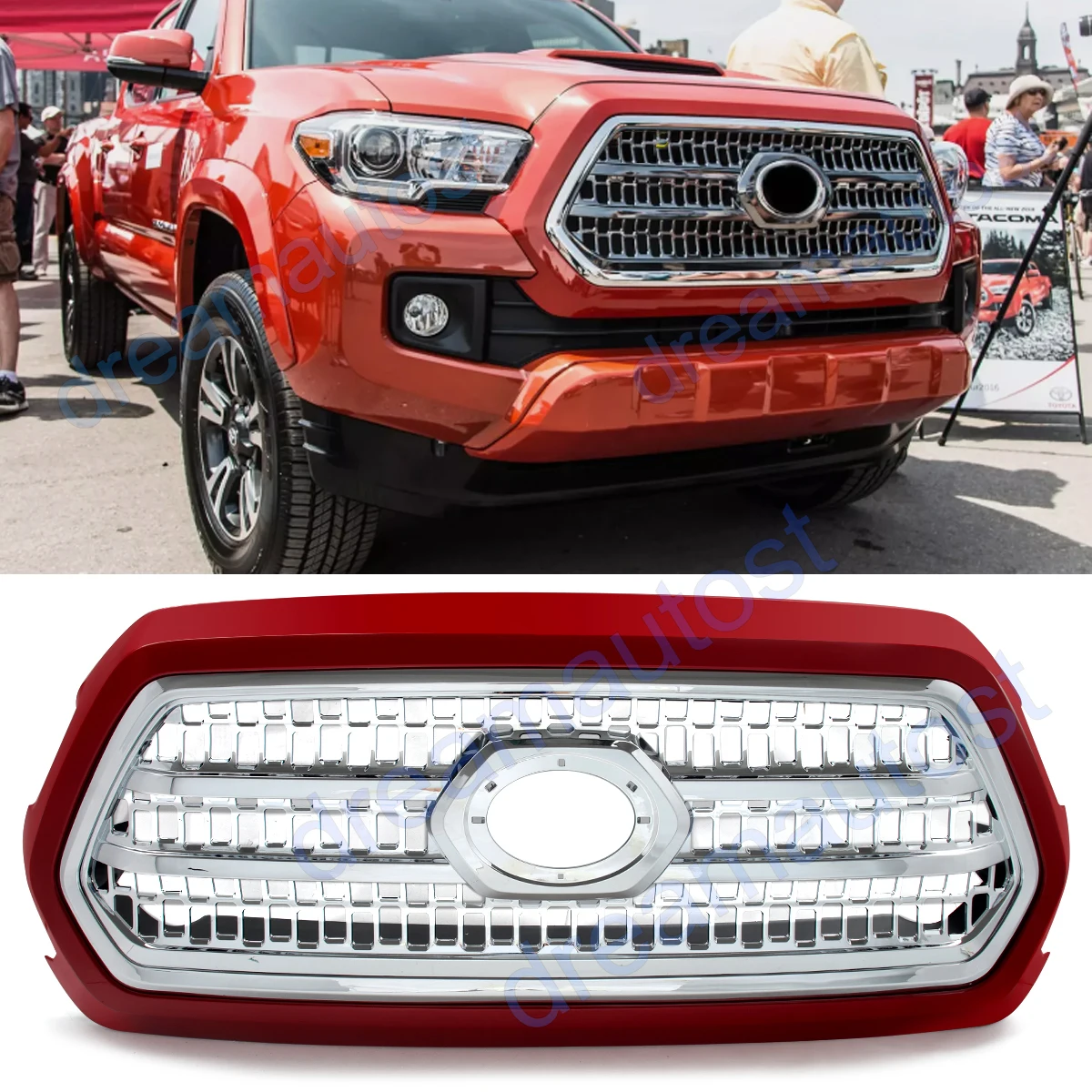 For 2016-2023 Toyota Tacoma Front Bumper Upper Grill Grille Chrome&Barcelona Red