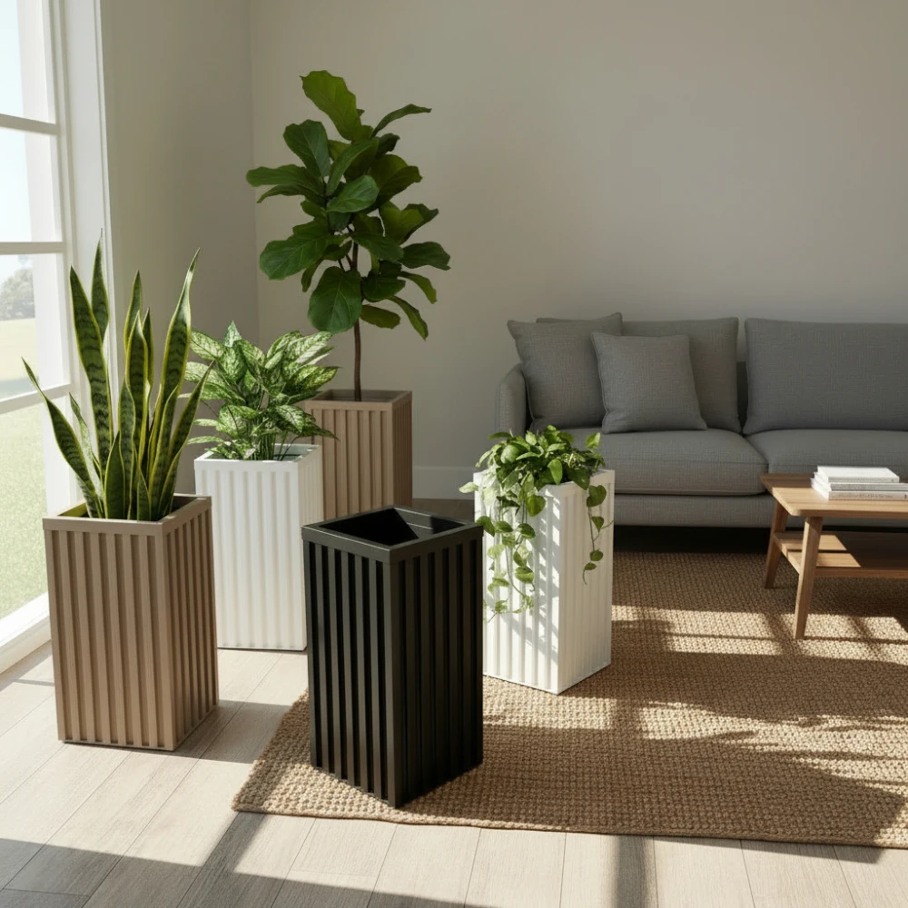 Deep Green Copper Aluminum Column Flowerpot Pre Cut Drainage Outlet with Modern Wood Grain Powder Coating Finish Adjustable Planting Depth