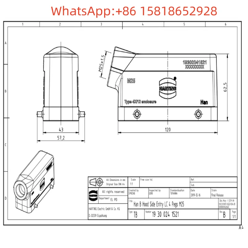 1pcs 19300241521 Harting HAN 24B double latch top housing side cable outlet heavy-duty connector M25