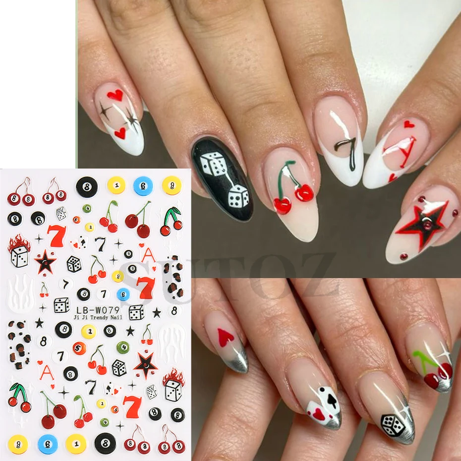 1pcs Cherry NO.8 Black Billiards Ball Nail Art Stickers Lucky Seven Dice Poker Stars Leopard Flame Pool Ball DIY Manicure Decals