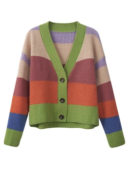 Herfst Winter Vrouwen V-hals Vest Tops Casual Regenboog Kleur Trui Mode Gebreide Losse Jas Y2k Streetwear 2024