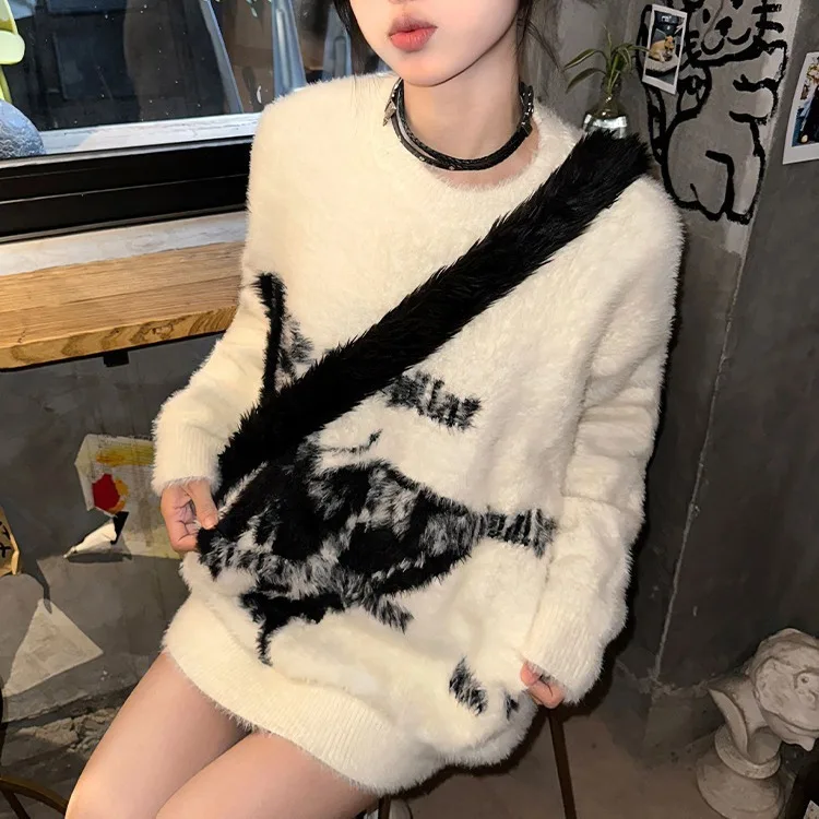 American Style Mink Fur White For Women, 2023 Autumn And Winter Loose Long Sleeved Top, Butterfly Jacquard Knitted Sweater