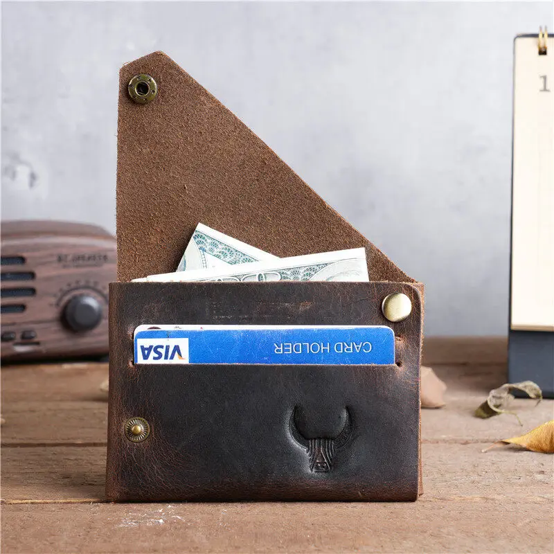 Genuine Leather Crazy Horse Leather Simple and Retro Flip Cover Lightweight and Multi Slot Men's Kiss Buckle Card Bag