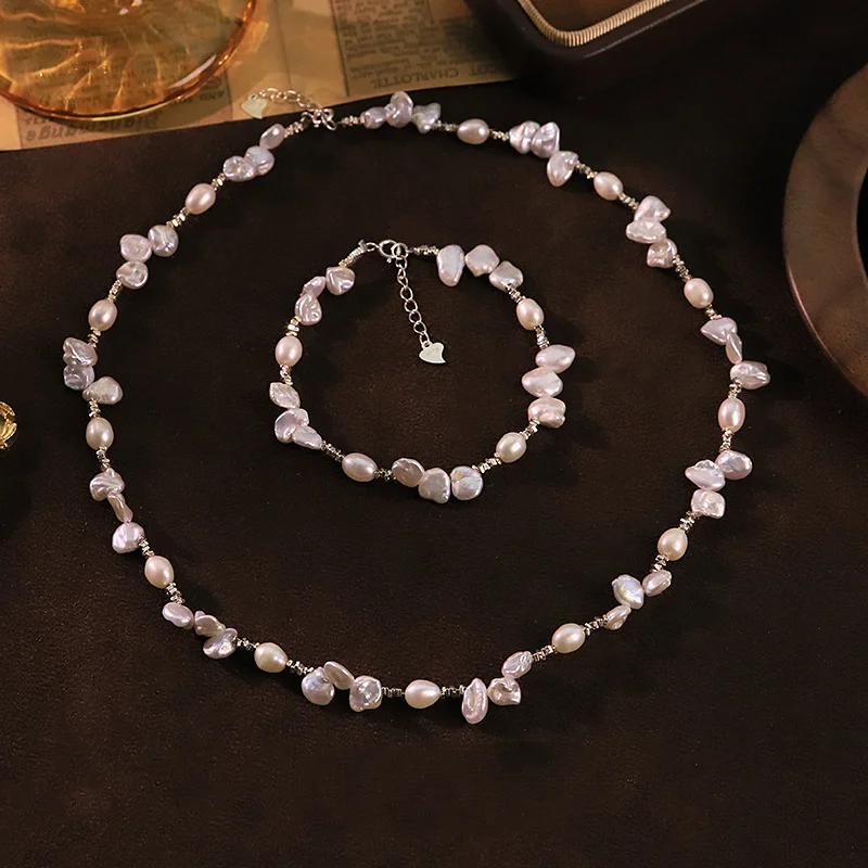 

New Unique Baroque Pearl Broken Jewelry Set Versatile Women Necklace Bracelet High Sense Light Luxury Wedding Daily Fashion Gift