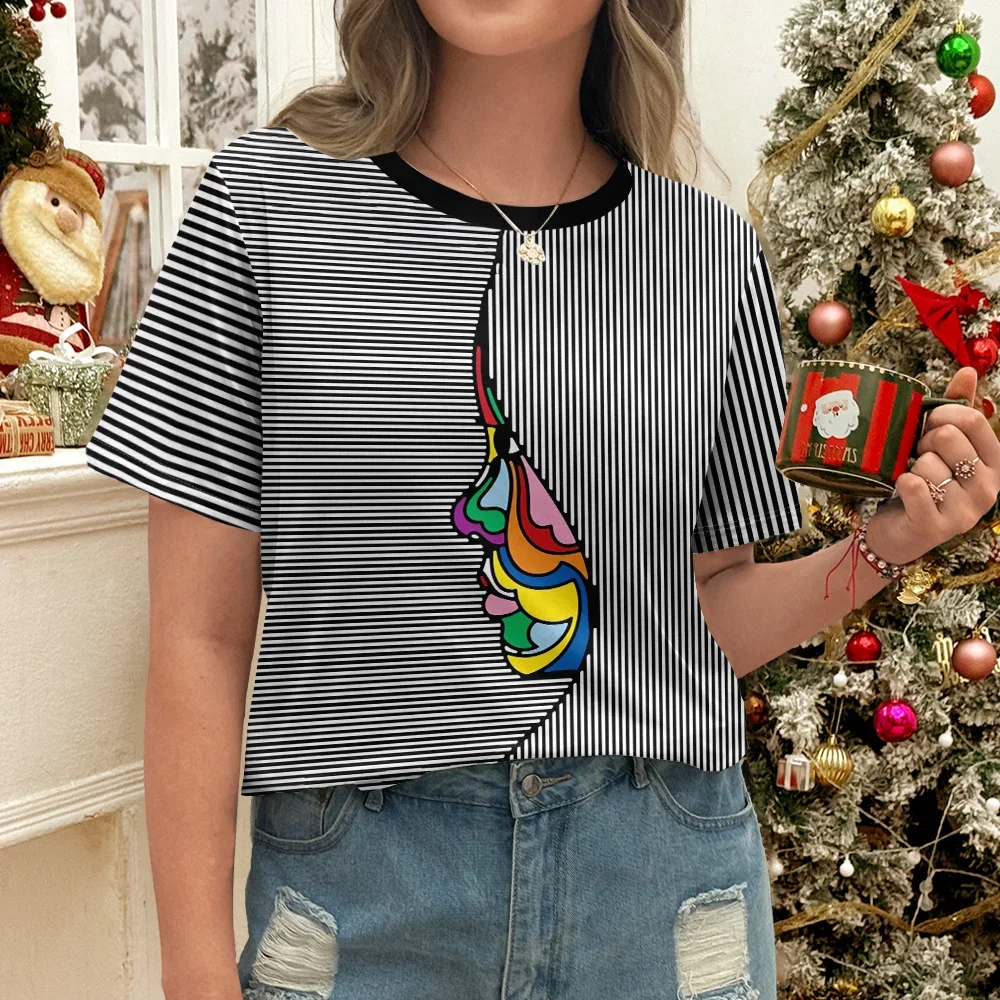 

Цветная женская футболка с абстрактным дизайном в черно-белую полоску, современный повседневный арт-стиль, летняя футболка с круглым вырезом и коротким рукавом Y2K