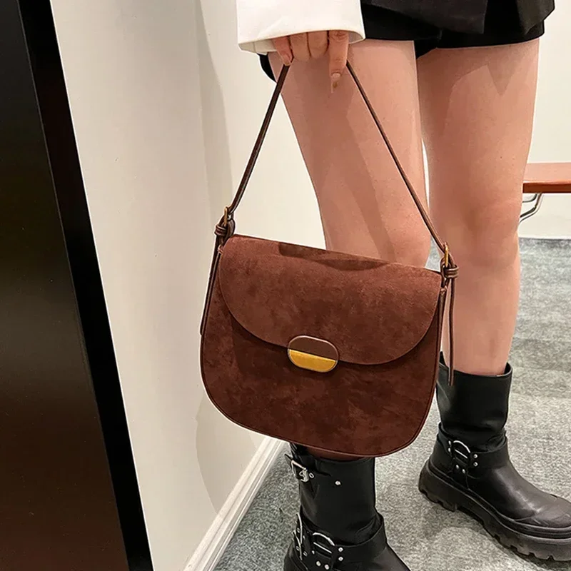 New Style Women Saddle Bag Suede Leather Retro Female Shoulder Bag Fashion Casual Handbag Large Capacity Crossbody Bag